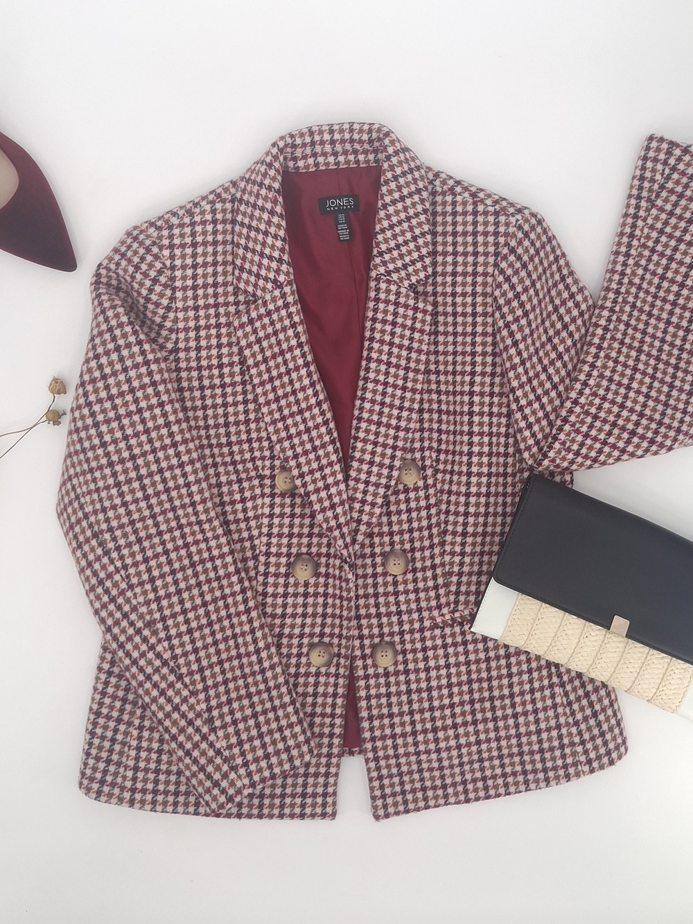 ✨Jones New York Red Houndstooth Faux-Double Breasted Blazer - Size Medium✨